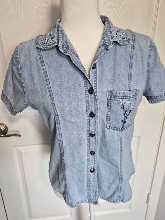 Bobbie Brooks Tops - Bobbie Brooks Light Blue Denim Button-Down Shirt with Floral Embroidery